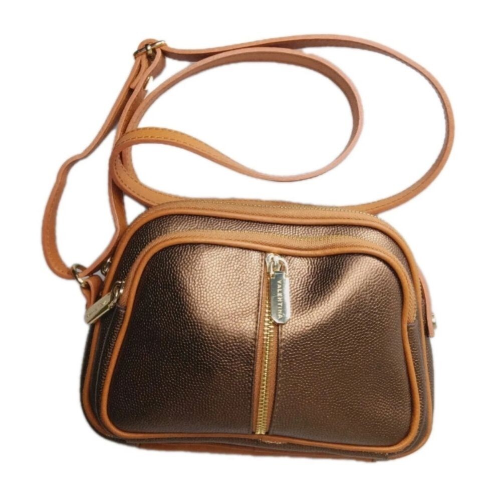 Valentina Italian Leather Small Crossbody Bag Golden Bronze Pebbled Leather
